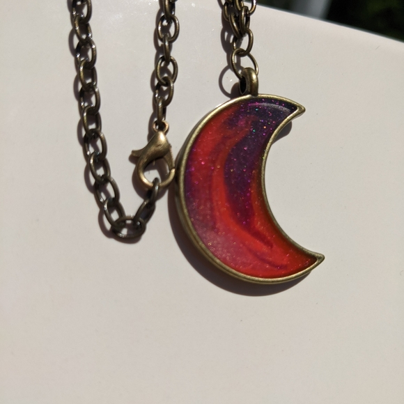 Crescent Moon Bronze Necklace Handmade Resin Artisan Hand Crafted Jewelry - Picture 9 of 9